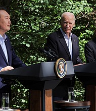 U.S. President Joe Biden holds a joint press conference with Japanese Prime Minister Fumio Kishida and South Korean President Yoon Suk Yeol during the trilateral summit at Camp David near Thurmont, Maryland, on August 18.
Mandatory Credit:	Jim Bourg/Reuters