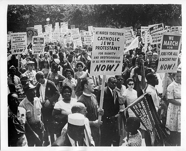 Religious participation in the March on Washington for Jobs and Freedom exceeded all expectations in 1963. In addition to many banners and signs designating specific religious groups, many churchmen and women marched as Protestants, Catholics and Jews, united in their support of full equality for all American citizens. More than half the signs in the march were those of churches, synagogues and related agencies.