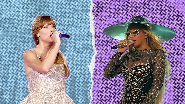 Taylor Swift’s “Eras” tour and Beyoncé’s “Renaissance World Tour” have packed venues throughout 2023.
Mandatory Credit:	CNN Illustration/Getty Images