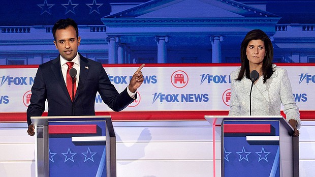 Vivek Ramaswamy and former South Carolina Gov. Nikki Haley participate in the first debate of the GOP primary season hosted by Fox News at the Fiserv Forum on August 23, 2023, in Milwaukee.
Mandatory Credit:	Win McNamee/Getty Images