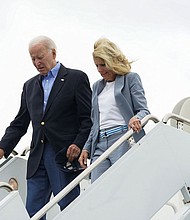 U.S. President Joe Biden and first lady Jill Biden arrive at Kahului Airport, Kahului, Hawaii, U.S., August 21, 2023.
Mandatory Credit:	Kevin Lamarque/Reuters