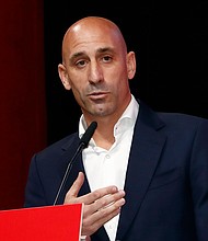 Rubiales speaks at the Spanish Football Federation's emergency general assembly meeting on Friday.
Mandatory Credit:	Real Federación Española de Fútbol/Europa Press/AP