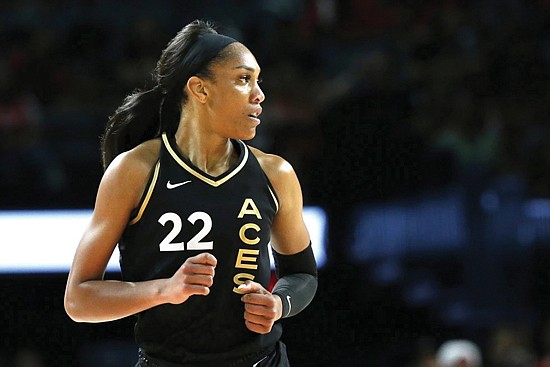 Las Vegas Aces forward A’ja Wilson (22) heads up court after scoring against the New York Liberty during the first half of a WNBA basketball game Aug. 15 in Las Vegas.