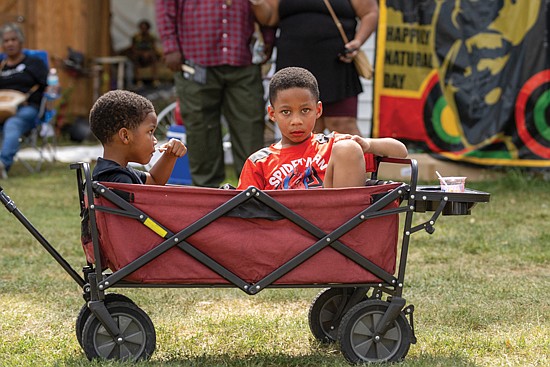 Brothers Canon, right, and Chase Wright enjoy a wagon ride steered by their father, Derek Wright, during the 20th Happily Natural Festival and Urban Farm Expo last Saturday in Richmond.
