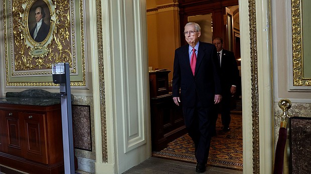 Senate Minority Leader Mitch McConnell, seen here at the Capitol on September 6, addressed his colleagues behind closed doors on Wednesday about his health.
Mandatory Credit:	Kevin Dietsch/Getty Images