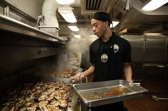 Culinary Specialist Seaman Brian Sullivan, from Houston, assigned to the world's largest aircraft carrier Gerald R. Ford's (CVN 78) supply …