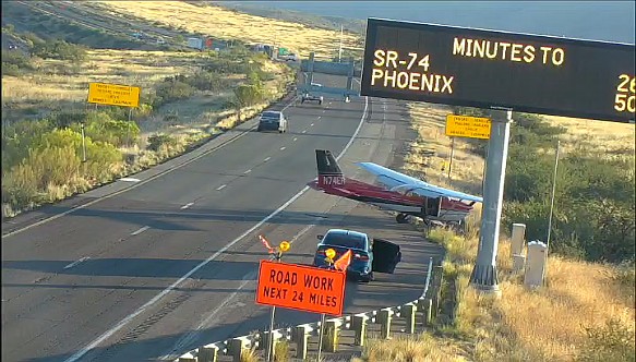 A pilot had engine troubles, so he made an emergency landing on Interstate 17 north of Black Canyon City.
Mandatory Credit:	@ArizonaDOT/KPHO/KTVK