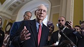 Mitch McConnell spoke to reporters Wednesday for the first time since his second freezing episode last week. He said that he has “no announcements” to make about stepping down, and said, “I’m going to finish my term as leader, and I’m going to finish my Senate term.”