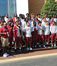 VUU’s football team, coaches and staff stand in front of the Football Hall of Fame in Canton, Ohio. The team trounced Morehouse College, 45-13, in the HBCU Hall of Fame Classic.
