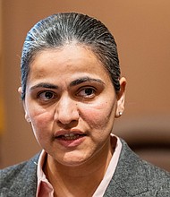 California Democratic state Sen. Aisha Wahab is seen in Sacramento, California, on March 22. Wahab's original bill calling for the ban of caste discrimination was amended following opposition from some Indian American and Hindu groups.
Mandatory Credit:	José Luis Villegas/AP