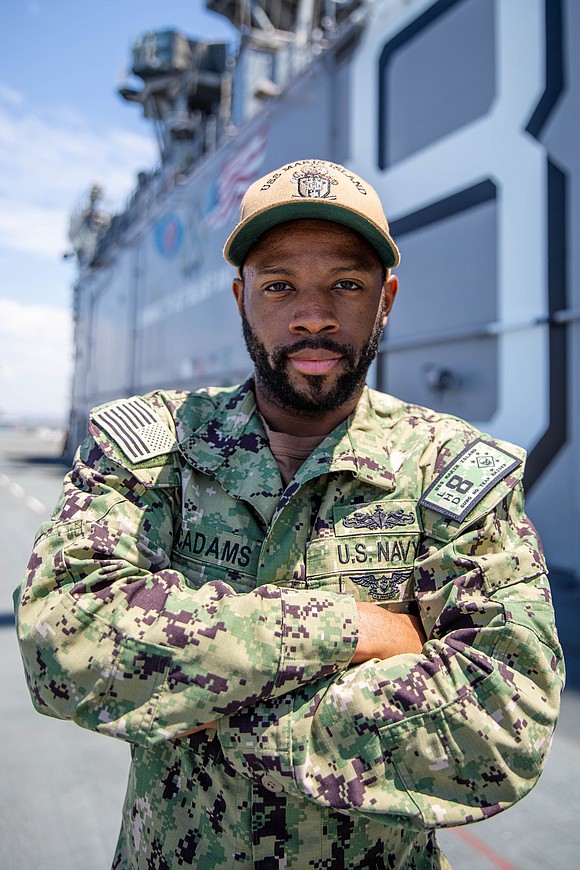 Petty Officer 1st Class Dontravion McAdams, a native of Houston, Texas, serves aboard a U.S. Navy warship operating out of …
