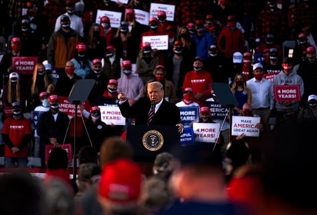 Then-President Donald Trump speaks to supporters at a rally in Bemidji, Minnesota, on September 18, 2020. A liberal group filed a lawsuit to block former President Donald Trump from the 2024 presidential ballot in Minnesota.
Mandatory Credit:	Stephen Maturen/Getty Images