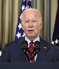 President Joe Biden speaks in the State Dining Room, Wednesday, Sept. 6, at the White House in Washington. Biden is trying to walk a fine line as the clock ticks toward a looming deadline for a possible UAW strike of the Big Three automakers, keeping in direct touch with the key players engaged in the negotiations.
Mandatory Credit:	Jacquelyn Martin/AP
