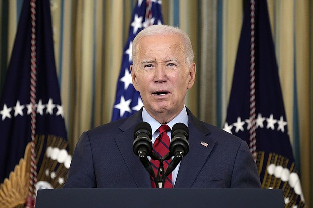 President Joe Biden speaks in the State Dining Room, Wednesday, Sept. 6, at the White House in Washington. Biden is trying to walk a fine line as the clock ticks toward a looming deadline for a possible UAW strike of the Big Three automakers, keeping in direct touch with the key players engaged in the negotiations.
Mandatory Credit:	Jacquelyn Martin/AP