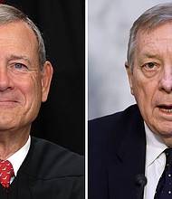 Chief Justice John Roberts and Sen. Dick Durbin are pictured in a split image. The chairman of the Senate Judiciary Committee made a personal plea to Chief Justice John Roberts to create a Supreme Court code of ethics at a closed-door conference September 12.
Mandatory Credit:	Getty Images