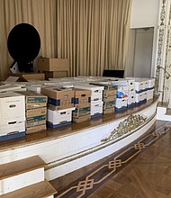 Boxes of documents are stored inside the Mar-a-Lago Club's White and Gold Ballroom in this photo included in Donald Trump's federal indictment.
Mandatory Credit:	US District Court/Southern District of Florida