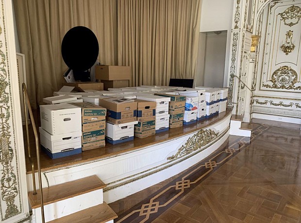 Boxes of documents are stored inside the Mar-a-Lago Club's White and Gold Ballroom in this photo included in Donald Trump's federal indictment.
Mandatory Credit:	US District Court/Southern District of Florida