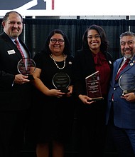 From left, Lemuel Bardeguez, Dr. Juanita Ortiz, Dr. Mautra Staley Jones and Robert Ruiz were honored at the Oklahoma Hispanic Institute's Top 40 Hispanic Leadership Awards luncheon today in the OCCC Visual and Performing Arts Center.