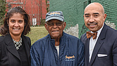 Neverett A.Eggleston Jr.,center,who helped found the Metropolitan Business League in 1968, stands with Carla P. Childs and Gary L. Flowers on the site of the organization’s original home on 2nd Street near Jackson Street in Jackson Ward.