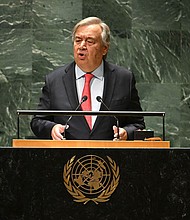 US Secretary-General Antonio Guterres addresses the UNGA on September 19.
Mandatory Credit:	Timothy A. Clary/AFP/Getty Images