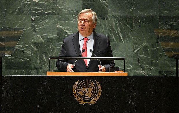 US Secretary-General Antonio Guterres addresses the UNGA on September 19.
Mandatory Credit:	Timothy A. Clary/AFP/Getty Images