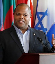 Dallas Mayor Eric Johnson responds to a question during a news conference at City Hall in Dallas in this April 2020 file photo.
Mandatory Credit:	Tony Gutierrez/AP/File