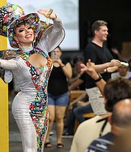 Dessie Love Blake performs a song during Eureka Heights Drag Bingo, July 29, 2021, at Eureka Heights Brewery in Houston.
Mandatory Credit:	Jon Shapley/Houston Chronicle via AP