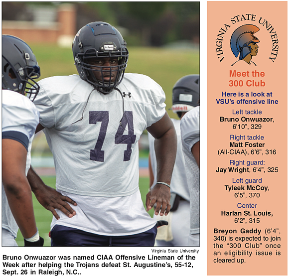 All capital letters and an exclamation point are needed to describe Virginia State University’s offensive left tackle. Bruno Onwuazor is ...