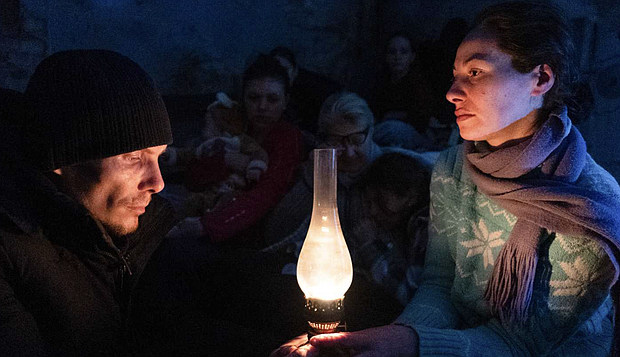 People take shelter in a youth theater in Mariupol, Ukraine, March 6, 2022. From 20 Days in Mariupol. (AP Photo/Mstyslavar FINAL Chernov)