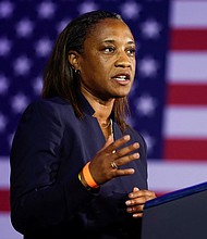 Emily's List President Laphonza Butler speaks during a political event with reproductive rights groups at the Mayflower Hotel in Washington, DC, on June 23, 2023.
Mandatory Credit:	Evelyn Hockstein/Reuters