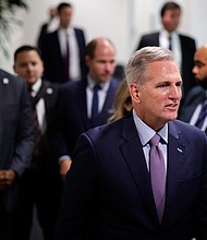 Speaker of the House Kevin McCarthy departs a House Republican conference meeting in the Capitol on October 3 in Washington, DC.
Mandatory Credit:	Chip Somodevilla/Getty Images