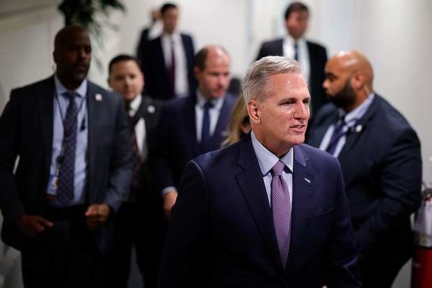 Speaker of the House Kevin McCarthy departs a House Republican conference meeting in the Capitol on October 3 in Washington, DC.
Mandatory Credit:	Chip Somodevilla/Getty Images