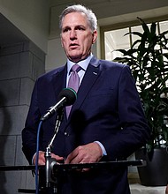 House Speaker Kevin McCarthy speaks with reporters at the U.S. Capitol in Washington, DC, October 3. The US House of Representatives voted to oust Kevin McCarthy as speaker – a historic moment that threatens to plunge House Republicans even further into chaos and turmoil.
Mandatory Credit:	Jonathan Ernst/Reuters