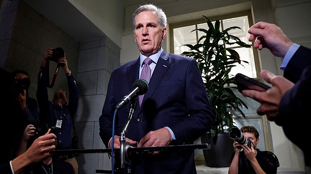 House Speaker Kevin McCarthy speaks with reporters at the U.S. Capitol in Washington, DC, October 3. The US House of Representatives voted to oust Kevin McCarthy as speaker – a historic moment that threatens to plunge House Republicans even further into chaos and turmoil.
Mandatory Credit:	Jonathan Ernst/Reuters