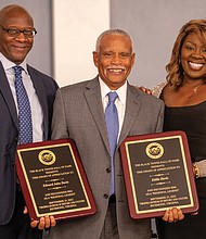 Eddie Davis, center, is recognized at the Black Tennis Hall of Fame event as a coach in D.C. and Boston and founder and director of the Boston Wheelchair Tennis Program. Congratulating him are D.A. Abrams, left, president of the BTHOF, and Shelia Curry, BTHOF CEO.