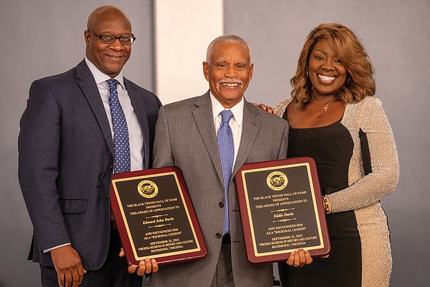 Eddie Davis, center, is recognized at the Black Tennis Hall of Fame event as a coach in D.C. and Boston and founder and director of the Boston Wheelchair Tennis Program. Congratulating him are D.A. Abrams, left, president of the BTHOF, and Shelia Curry, BTHOF CEO.