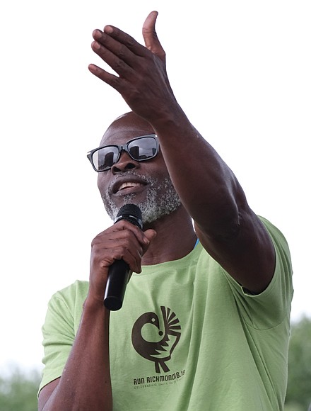 Actor Djimon Hounsou speaks during the finish of Run Richmond 16.19, a cultural running event he hosted on Sept. 30. Also collaborating in the event were the Black History Museum and Cultural Center of Virginia and Sports Backers.