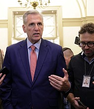 U.S. Speaker of the House Rep. Kevin McCarthy, R-Calif., speaks to members of the press at the U.S. Capitol on Sept. 22, 2023, in Washington, D.C. (Alex Wong/Getty Images/TNS)