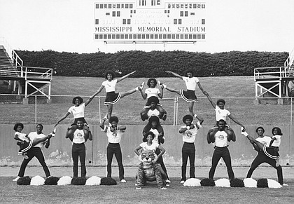 Cheerleaders from 1978
Jackson State University cheerleaders and tumblers posing for a photograph at the Mississippi Veterans Memorial Stadium in 1978. (Jackson State University via Getty Images)
