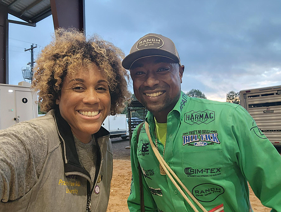 Information, Impact, and Sustainability Center (IISC) Director TeKedra Pierre snaps a selfie with Prairie View's own Cory Solomon at the …