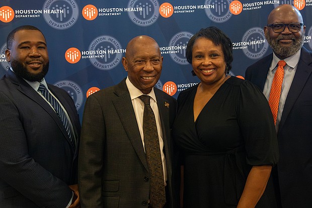 My Brother's Keeper Houston Project Director Chazz Bailey, Mayor Sylvester Turner, Houston Health Department Chief of Staff, Judy Harris and Houston Health Department Director Stephen Williams attend My Brother's Keeper Houston's Next Chapter event.