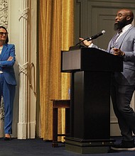 Perry Whitaker, a Drive to Work client, recently spoke during the Second Chance luncheon at the Jefferson Hotel about how the organization helped him obtain his driver’s license and employment after he was no longer incarcerated. Standing to his left is Drive to Work’s CEO Sara R. Wilson.