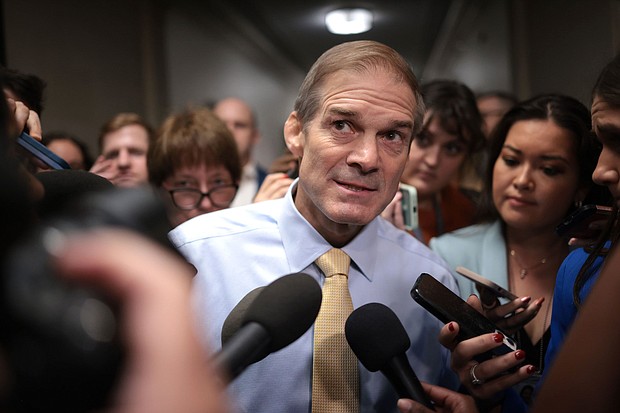 Rep. Jim Jordan speaks to reporters at the Longworth House Office Building on October 13, 2023 in Washington, DC.
Mandatory Credit:	Win McNamee/Getty Images