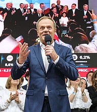 Opposition leader Donald Tusk declared that "democracy has won" after Poland's election on Sunday.
Mandatory Credit:	Damian Lemanski/Bloomberg/Getty Images