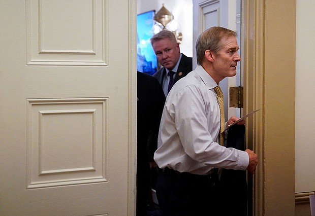 Rep. Jim Jordan leaves the office of House Majority Whip Tom Emmer on Tuesday.
Mandatory Credit:	Elizabeth Frantz/Reuters