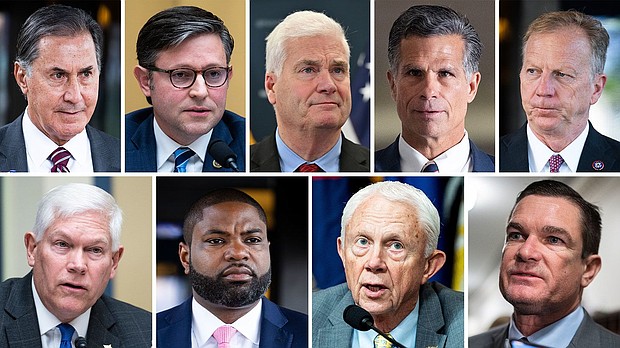 Top row, from left: Republican representatives Gary Palmer, Mike Johnson, Tom Emmer, Dan Meuser and Kevin Hern. Bottom row, from left: Pete Sessions, Byron Donalds, Jack Bergman and Austin Scott.
Mandatory Credit:	Getty Images