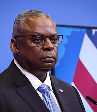 US Defence Secretary Lloyd Austin gives a press conference during the NATO Council Defence Ministers Session at the NATO headquarters in Brussels on October 12.
Mandatory Credit:	Simon Wohlfahrt/AFP/Getty Imag