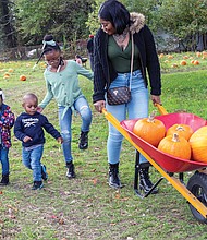 Paris Jennings, 3, Jaki Planton, 1, and Princess Jennings, 7, tag along as Ebony Jennings gets a
few pumpkins for art projects at the Gallmeyer Farms Pumpkin Patch in Henrico County on Oct. 12.