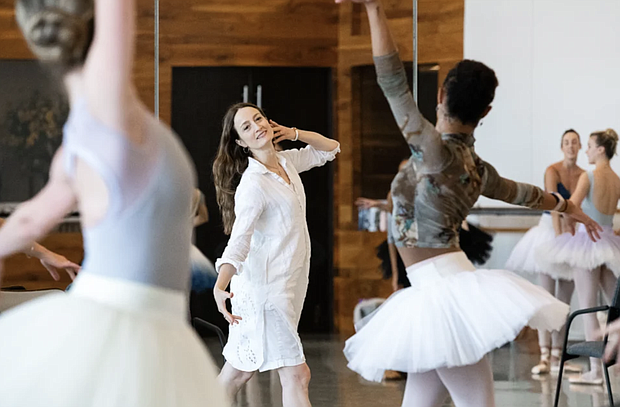 Kent rehearsing artists of Houston Ballet in George Balanchine’s Stars and Stripes. Photo by Lawrence Elizabeth Knox, courtesy of Houston Ballet.