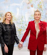 Tiffany Benincasa of C. Parker Gallery with Sharon Stone at the opening of Sharon Stone: Welcome To My Garden on view now until Dec. 3 (Photo by ChiChi Ubina).